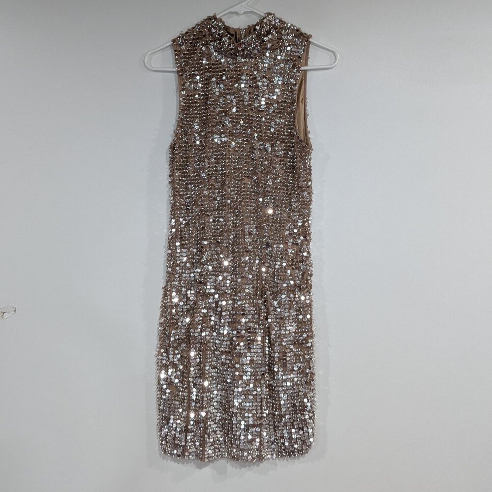 French Connection Sequin Mock Neck Sleeveless Dress Silver Tan Size 6